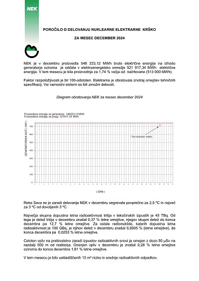 Poročilo o delovanju NEK za december 2024