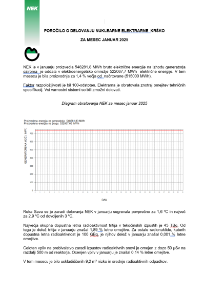 Poročilo o delovanju NEK za januar 2025