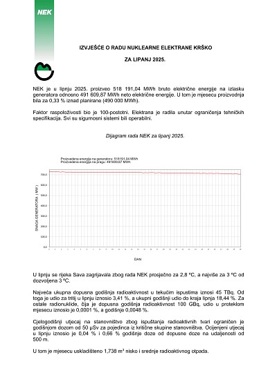 Izvješće o radu NEK-a za lipanj 2025.