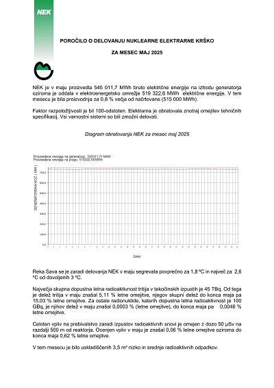 Poročilo o delovanju NEK za maj 2025