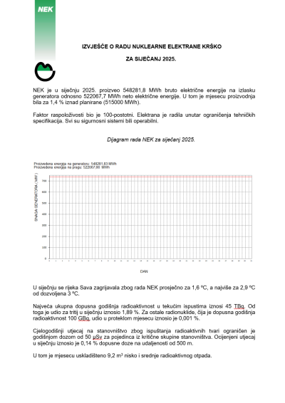 Izvješće o radu NEK-a za siječanj 2025